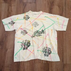 VTG Fishing Art Adult XL Shirt Boxy Ocean Surf Paint Waves Sea Beach Bass 90s